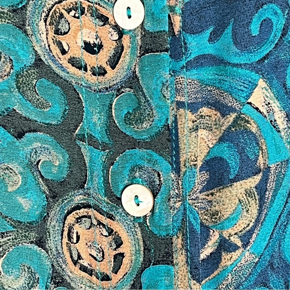 Vintage Karen Kane Rayon Abstract Print Maxi Skirt Teal Button Front Size 12 - Picture 12 of 16